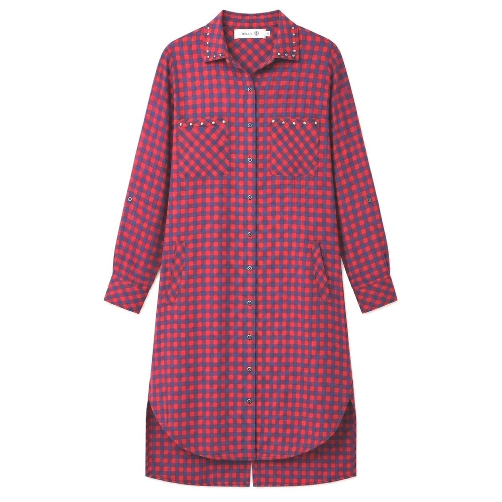 Billy T Shirt Dress Small Red Blue Plaid Studded High Low Button Roll Tab Sleeve